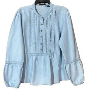 C.M. & Company Womems Blue Chambray Pintuck Popover Blouse Long Sleeve Loose Fit